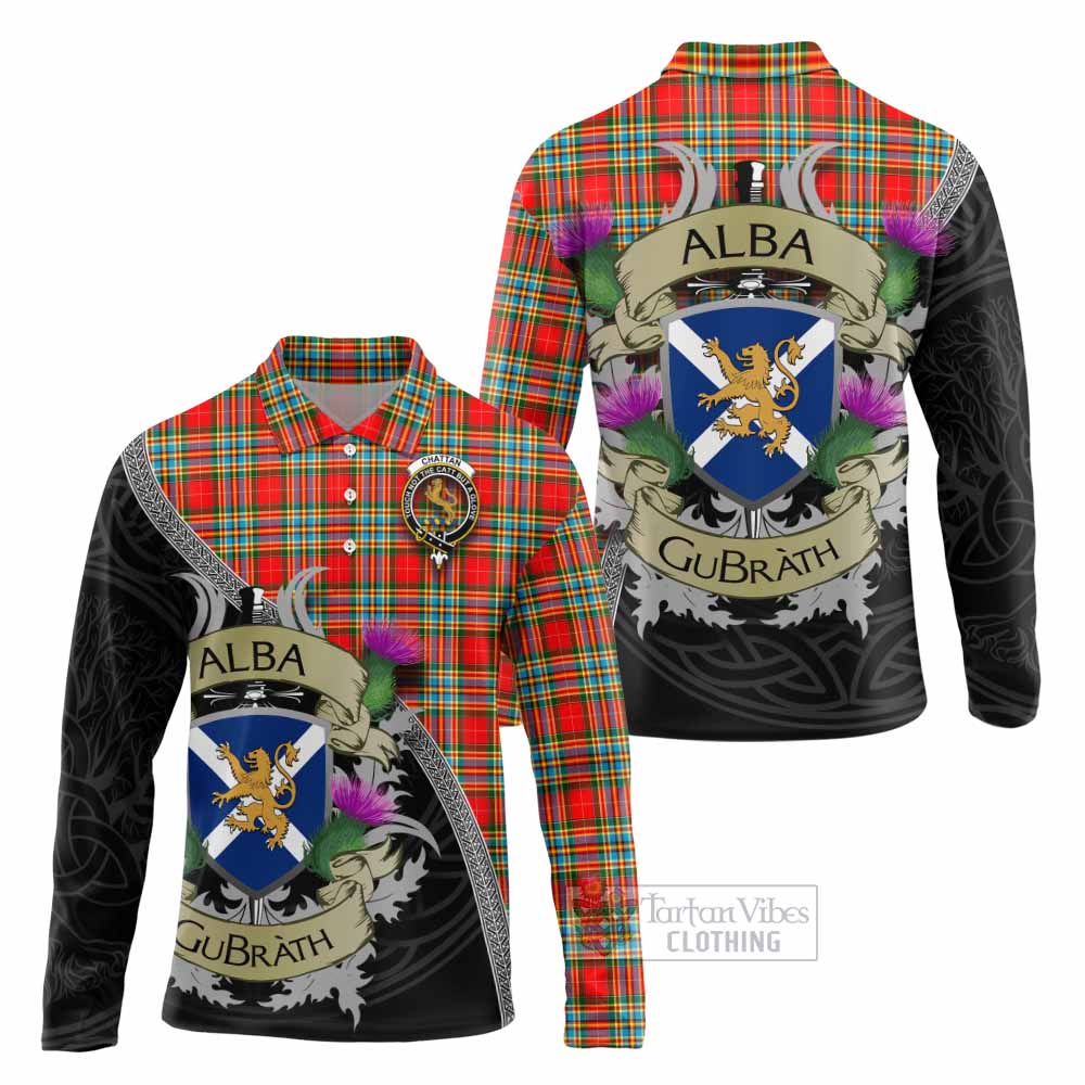 Tartan Vibes Clothing Chattan Tartan Family Crest Long Sleeve Polo Shirt Lion Rampant Royal Thistle Shield Celtic Inspired