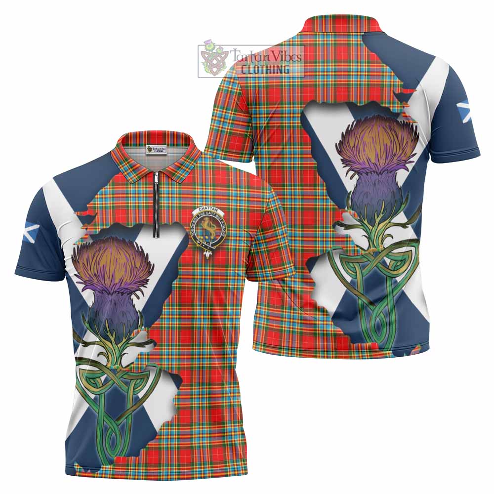 Tartan Vibes Clothing Chattan Tartan Family Crest Zipper Polo Shirt Scottish Thistle Celtic Inspired