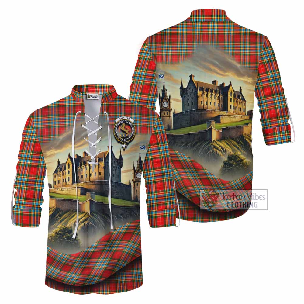 Tartan Vibes Clothing Chattan Tartan Family Crest Ghillie Kilt Shirt with Scottish Ancient Castle Style