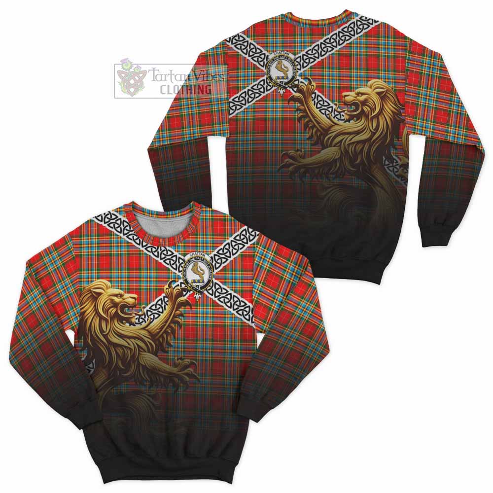 Tartan Vibes Clothing Chattan Crest Tartan Sweatshirt with Golden Lion Emblem Celtic Style