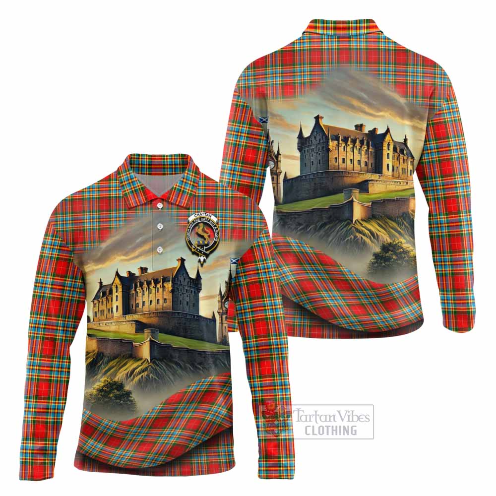 Tartan Vibes Clothing Chattan Tartan Family Crest Long Sleeve Polo Shirt with Scottish Ancient Castle Style