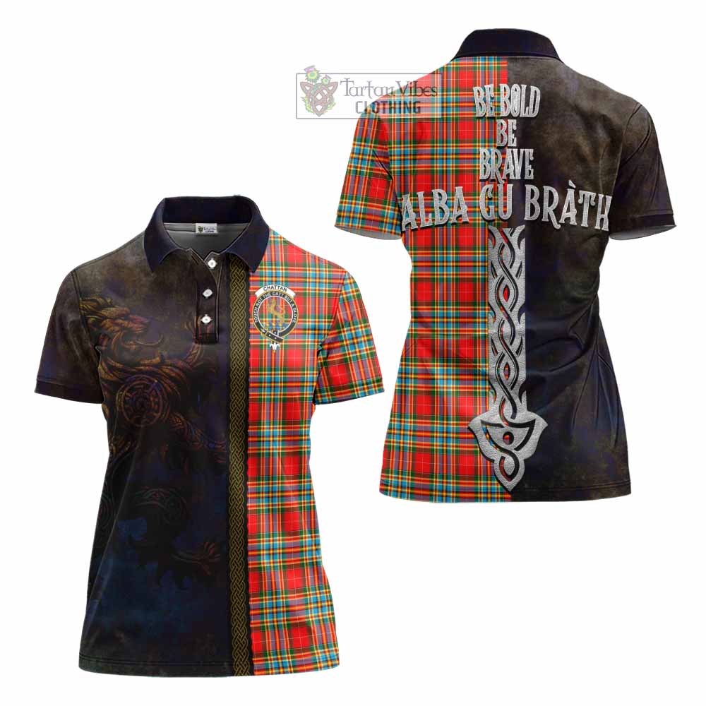 Tartan Vibes Clothing Chattan Tartan Family Crest Women's Polo Shirt Alba Gu Brath Be Brave Lion Ancient Style