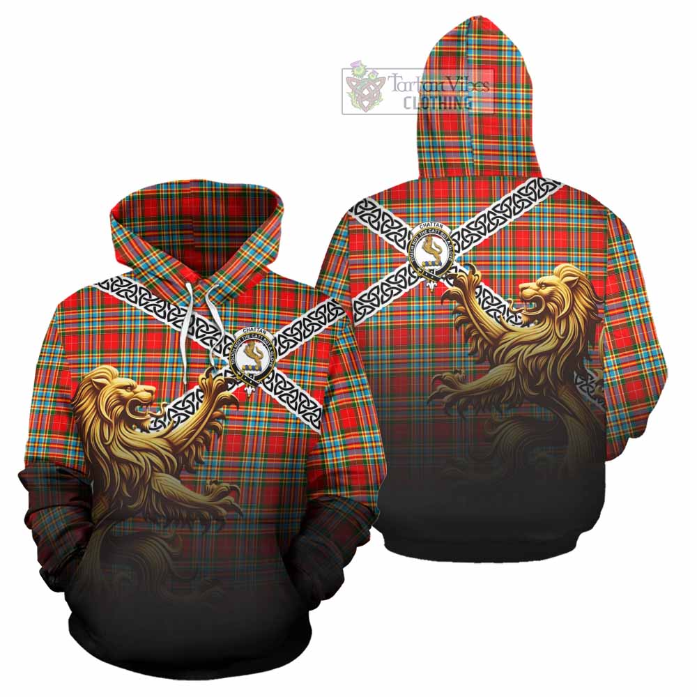 Tartan Vibes Clothing Chattan Crest Tartan Hoodie with Golden Lion Emblem Celtic Style