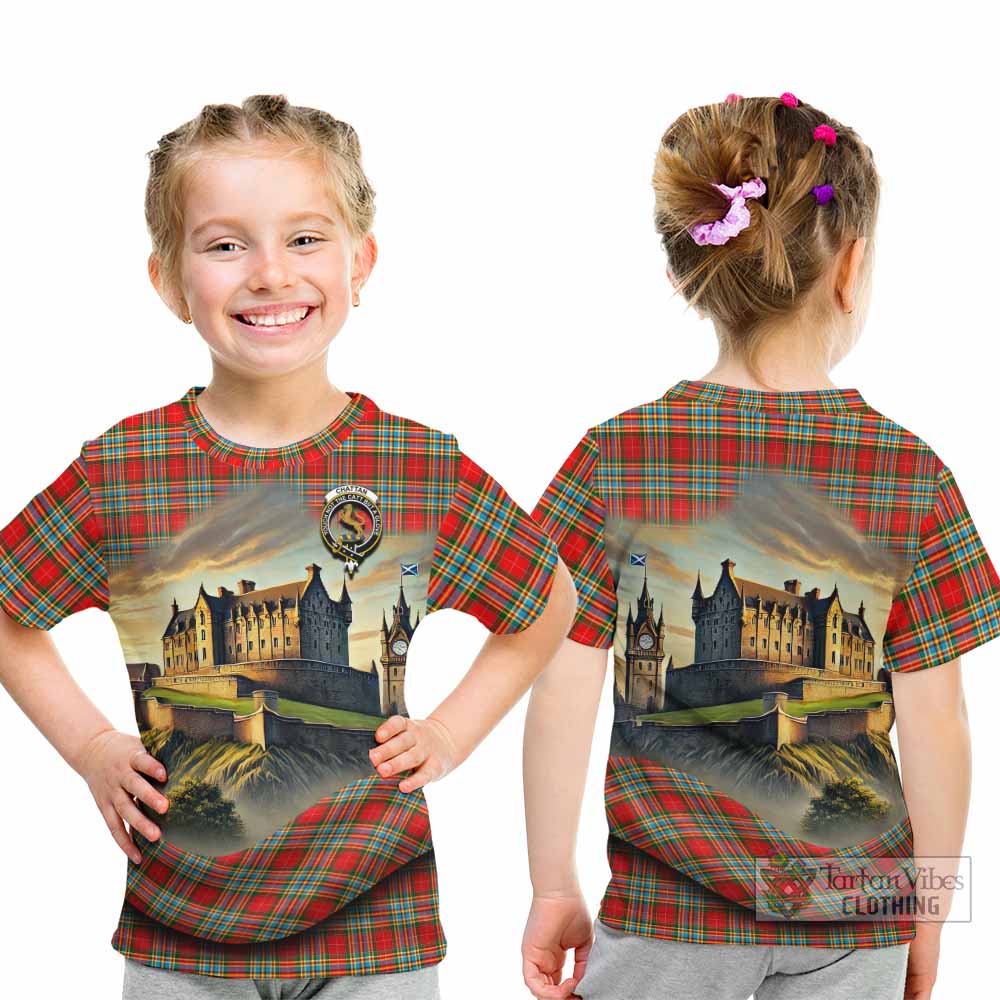 Tartan Vibes Clothing Chattan Tartan Family Crest Kid T-Shirt with Scottish Ancient Castle Style