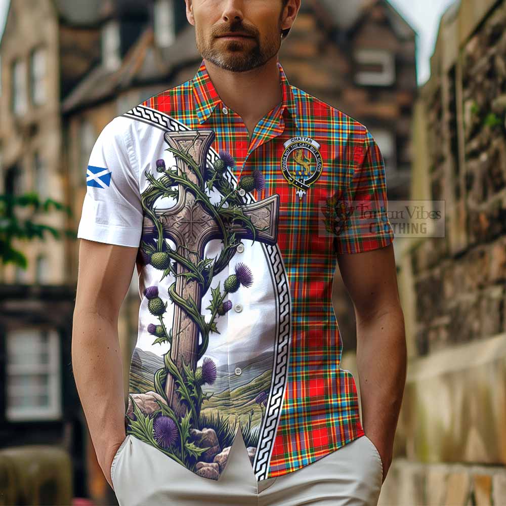 Tartan Vibes Clothing Chattan Tartan Short Sleeve Button Shirt with Family Crest and St. Andrew's Cross Accented by Thistle Vines