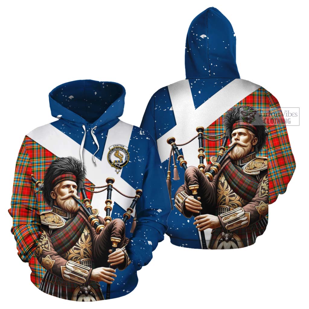 Tartan Vibes Clothing Chattan Tartan Cotton Hoodie with Family Crest Scottish Bagpiper Vibes