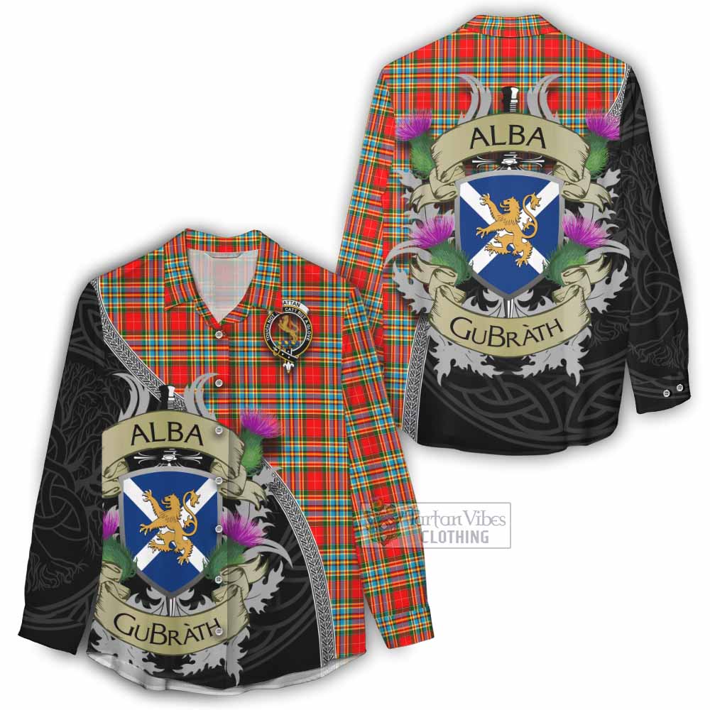 Tartan Vibes Clothing Chattan Tartan Family Crest Women's Casual Shirt Lion Rampant Royal Thistle Shield Celtic Inspired
