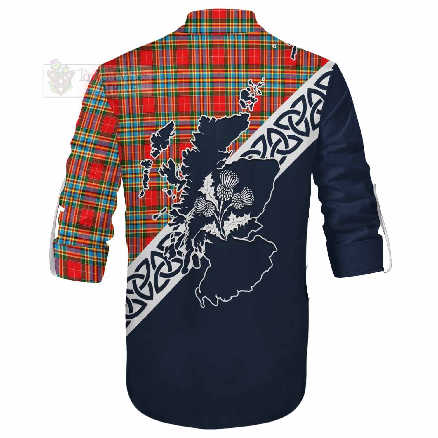 Tartan Vibes Clothing Chattan Tartan Ghillie Kilt Shirt Featuring Thistle and Scotland Map