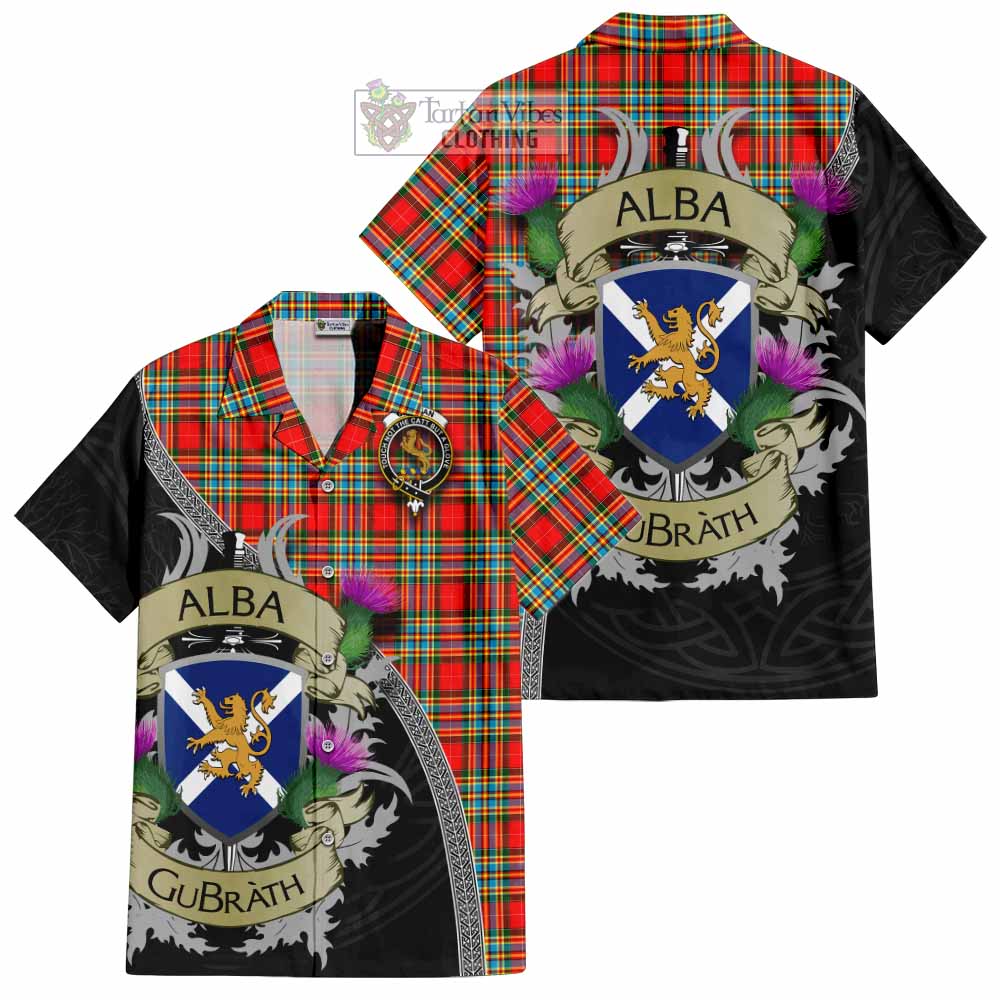 Tartan Vibes Clothing Chattan Tartan Family Crest Short Sleeve Button Shirt Lion Rampant Royal Thistle Shield Celtic Inspired