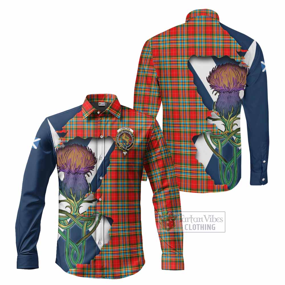Tartan Vibes Clothing Chattan Tartan Family Crest Long Sleeve Button Shirt Scottish Thistle Celtic Inspired