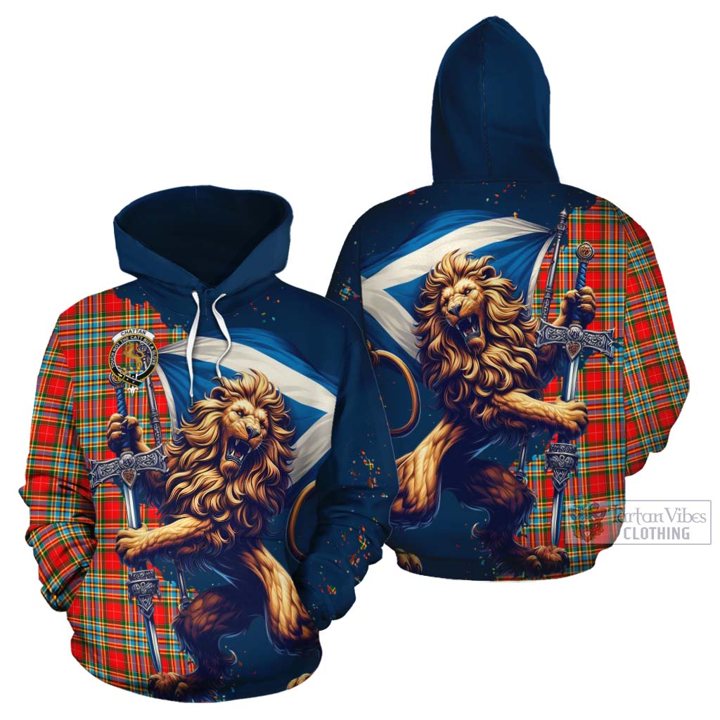 Tartan Vibes Clothing Chattan Tartan Family Crest Cotton Hoodie with Scottish Majestic Lion