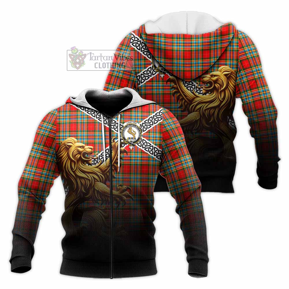Tartan Vibes Clothing Chattan Crest Tartan Knitted Hoodie with Golden Lion Emblem Celtic Style