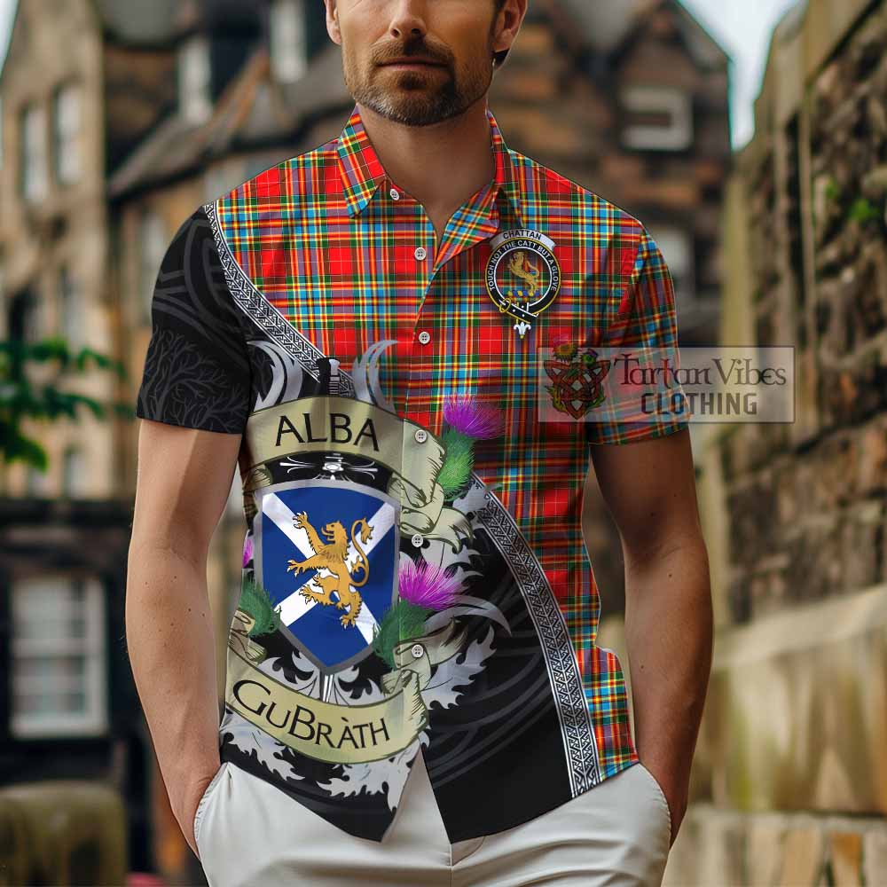 Tartan Vibes Clothing Chattan Tartan Family Crest Short Sleeve Button Shirt Lion Rampant Royal Thistle Shield Celtic Inspired