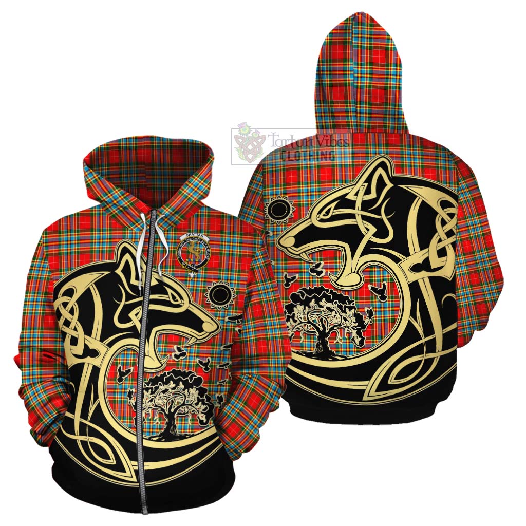 Tartan Vibes Clothing Chattan Tartan Cotton Hoodie with Family Crest Celtic Wolf Style