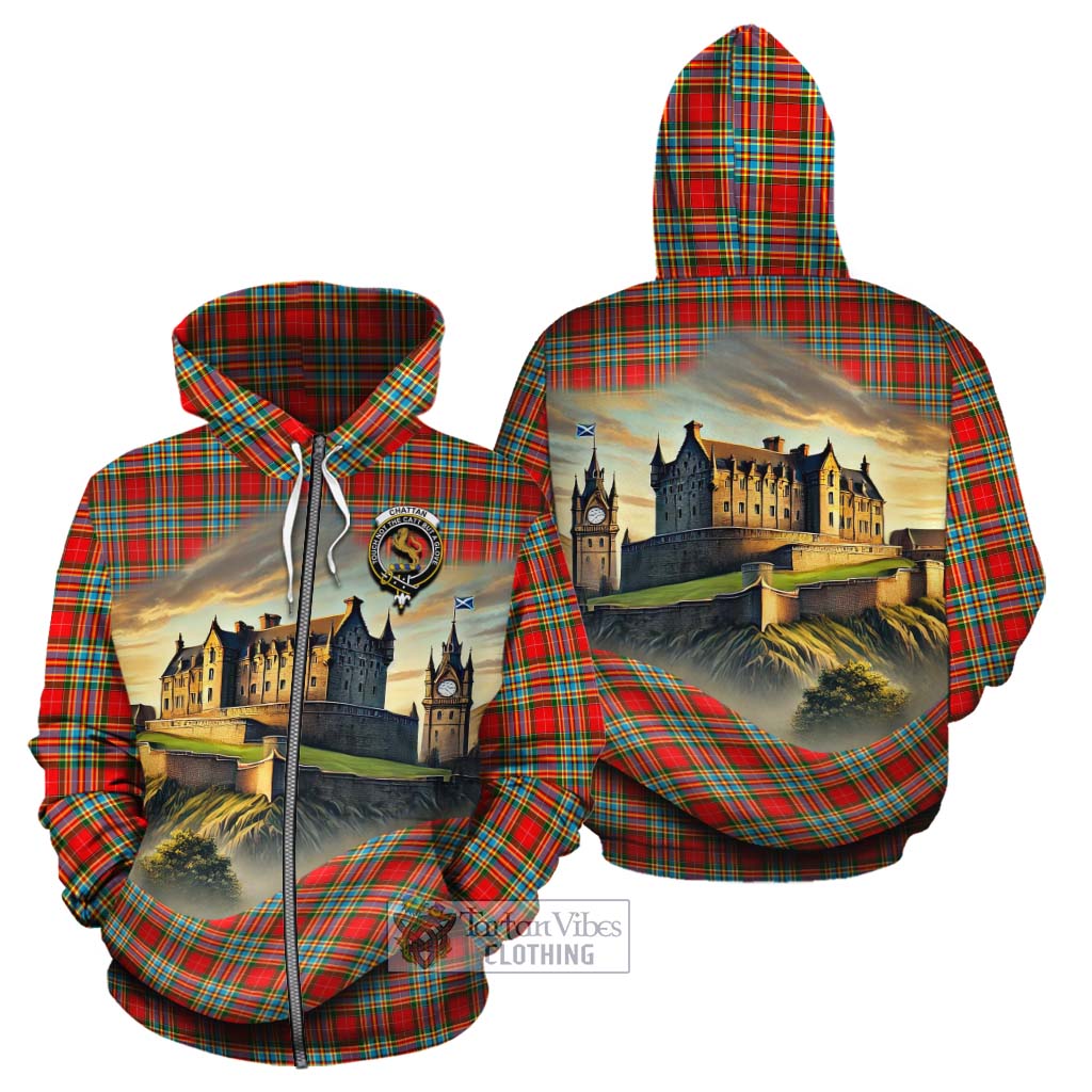 Tartan Vibes Clothing Chattan Tartan Family Crest Cotton Hoodie with Scottish Ancient Castle Style