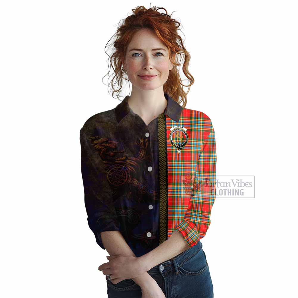 Tartan Vibes Clothing Chattan Tartan Family Crest Women's Casual Shirt Alba Gu Brath Be Brave Lion Ancient Style