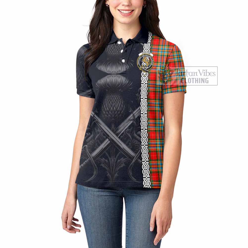 Tartan Vibes Clothing Chattan Tartan Women's Polo Shirt with Family Crest Cross Sword Thistle Celtic Vibes