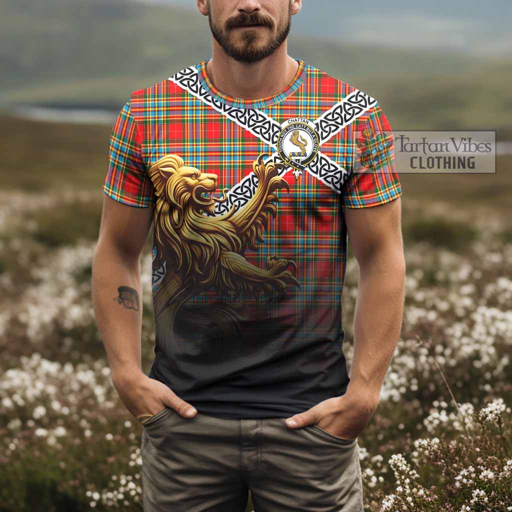 Tartan Vibes Clothing Chattan Crest Tartan T-Shirt with Golden Lion Emblem Celtic Style