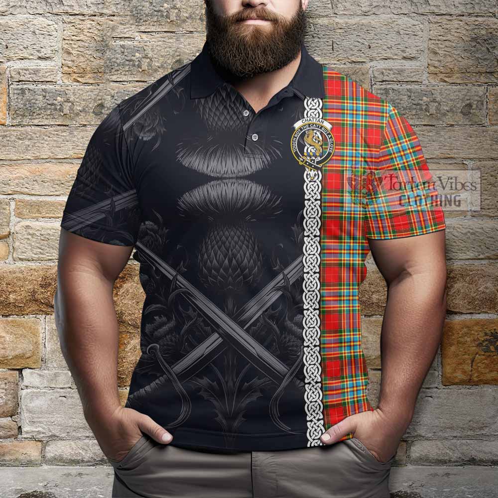 Tartan Vibes Clothing Chattan Tartan Polo Shirt with Family Crest Cross Sword Thistle Celtic Vibes