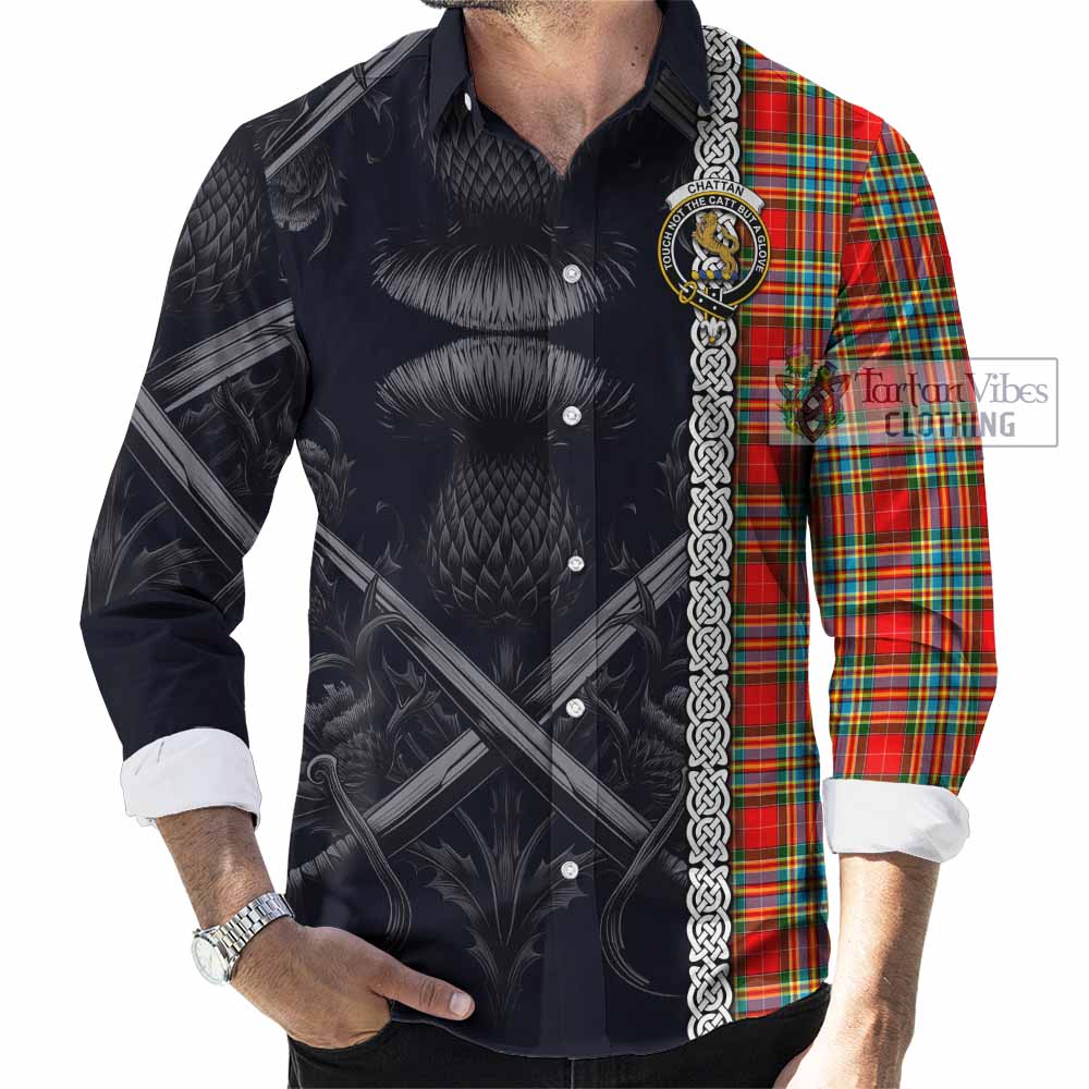Tartan Vibes Clothing Chattan Tartan Long Sleeve Button Shirt with Family Crest Cross Sword Thistle Celtic Vibes