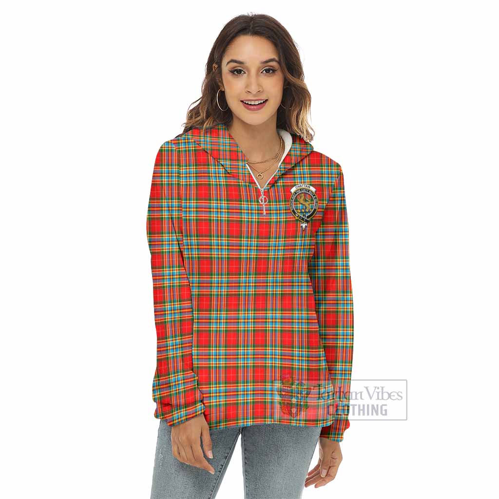 Tartan Vibes Clothing Chattan Tartan Crest Women's Borg  Half Zip Fleece Hoodie