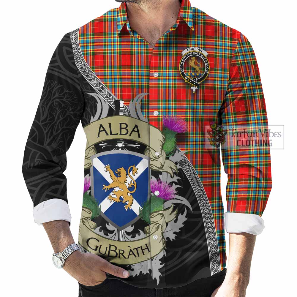 Tartan Vibes Clothing Chattan Tartan Family Crest Long Sleeve Button Shirt Lion Rampant Royal Thistle Shield Celtic Inspired