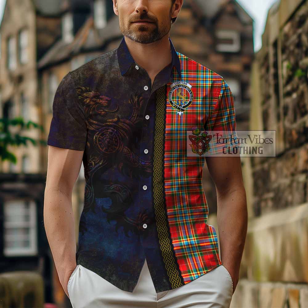 Tartan Vibes Clothing Chattan Tartan Family Crest Short Sleeve Button Shirt Alba Gu Brath Be Brave Lion Ancient Style