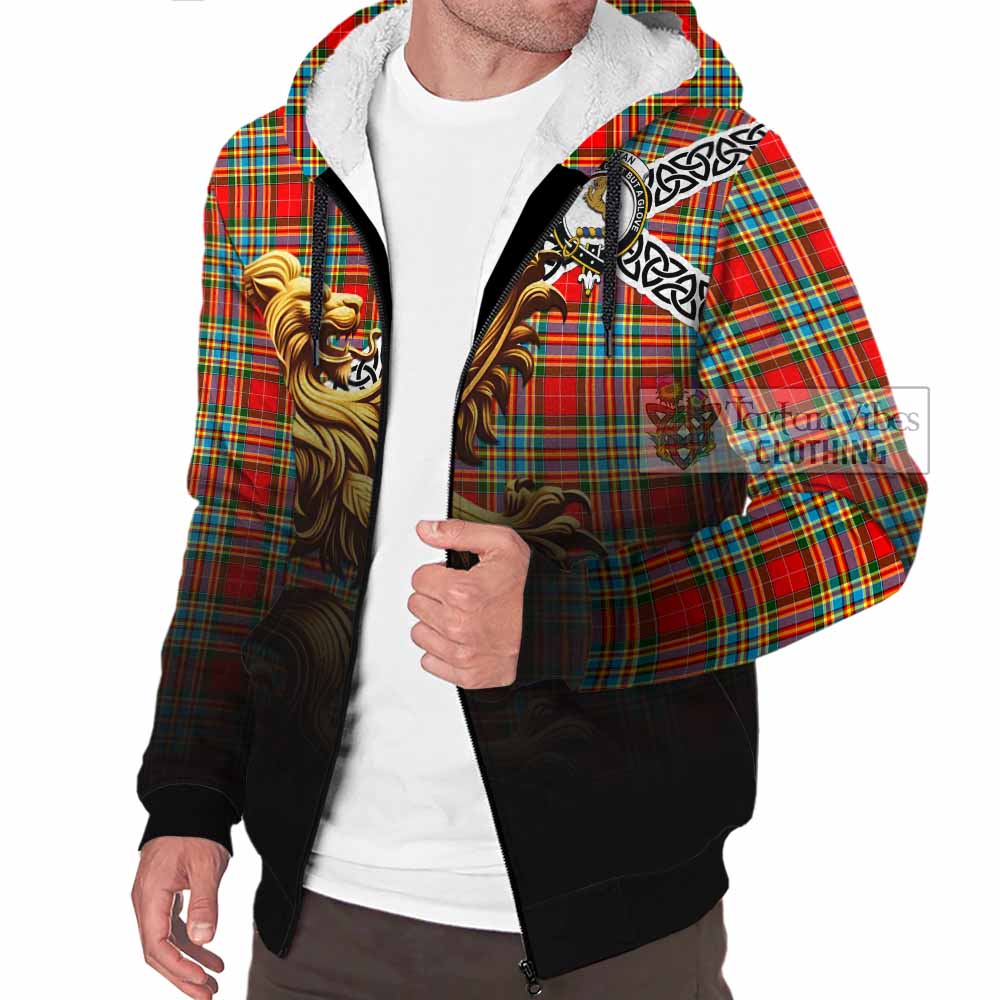 Tartan Vibes Clothing Chattan Crest Tartan Sherpa Hoodie with Golden Lion Emblem Celtic Style