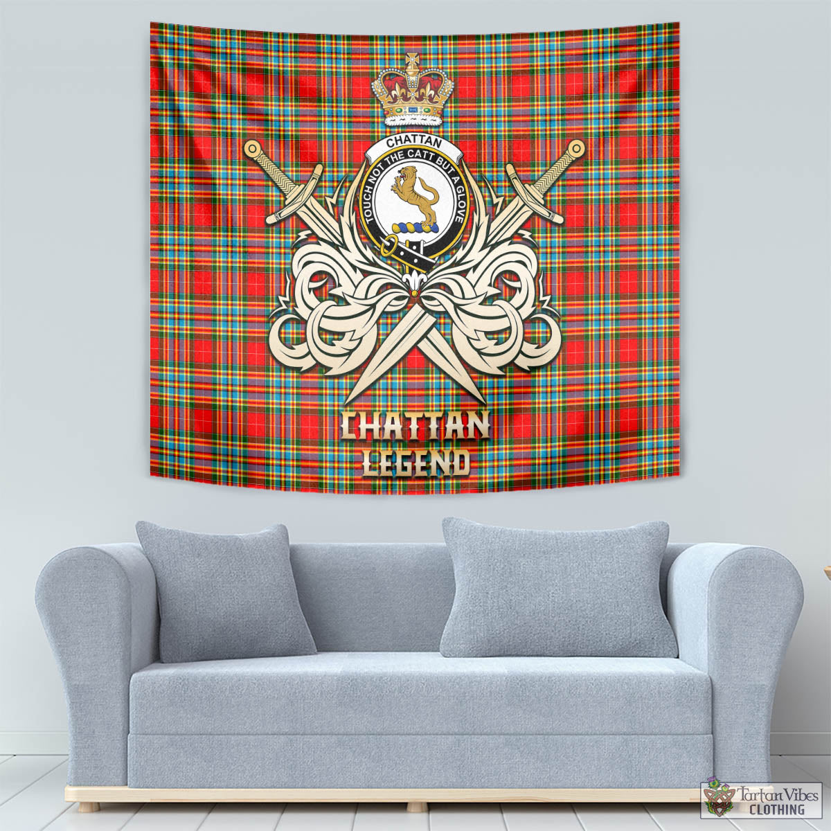 Tartan Vibes Clothing Chattan Tartan Tapestry with Clan Crest and the Golden Sword of Courageous Legacy