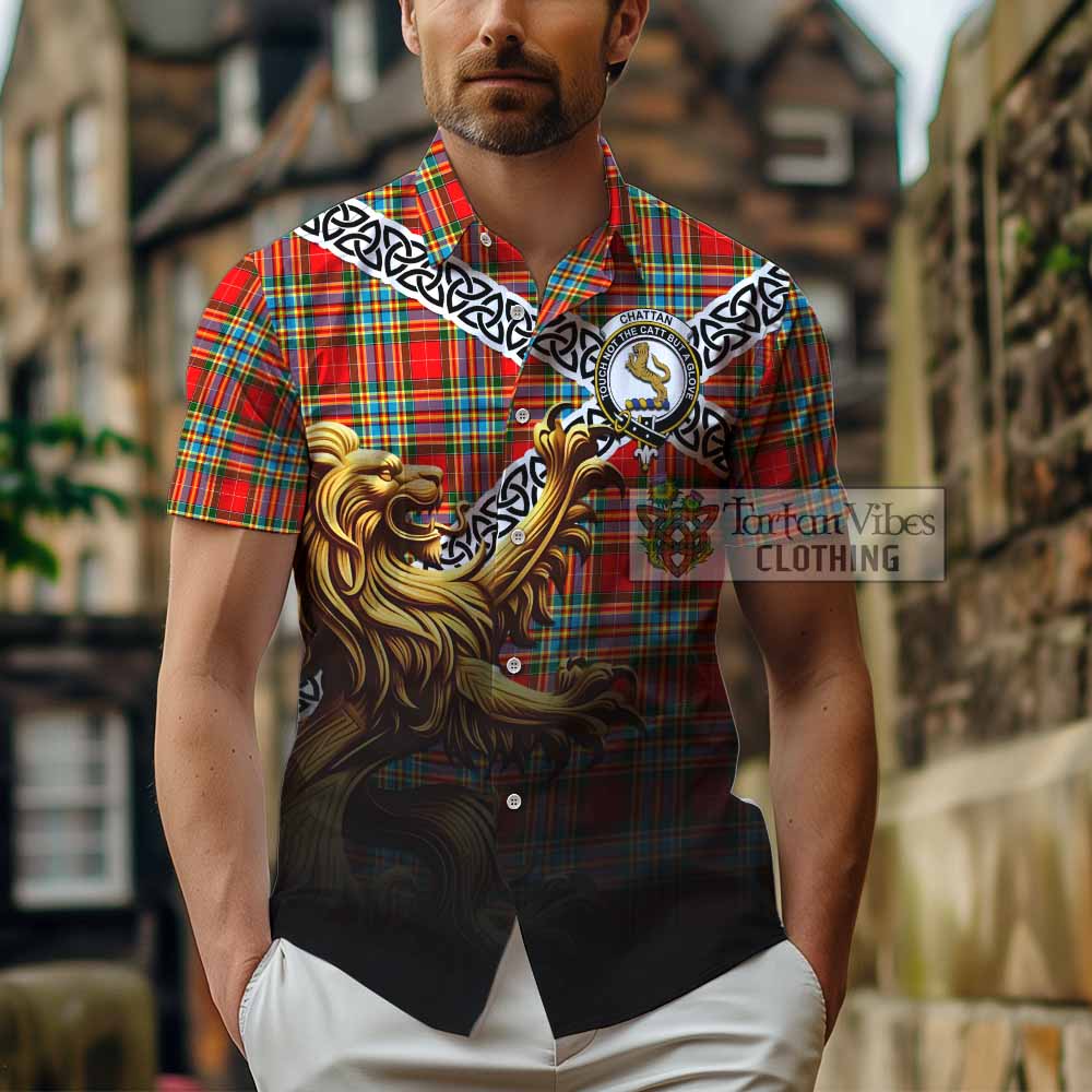 Tartan Vibes Clothing Chattan Crest Tartan Short Sleeve Button Shirt with Golden Lion Emblem Celtic Style