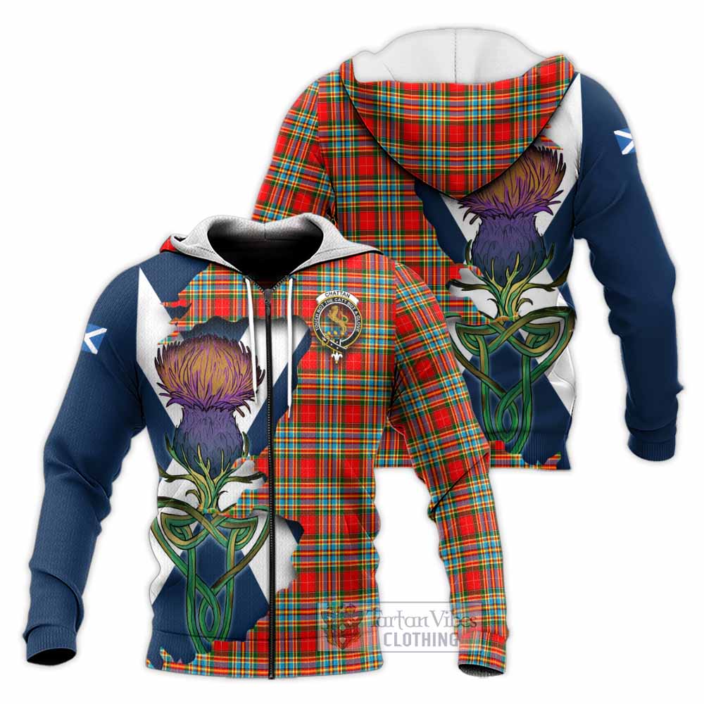Tartan Vibes Clothing Chattan Tartan Family Crest Knitted Hoodie Scottish Thistle Celtic Inspired
