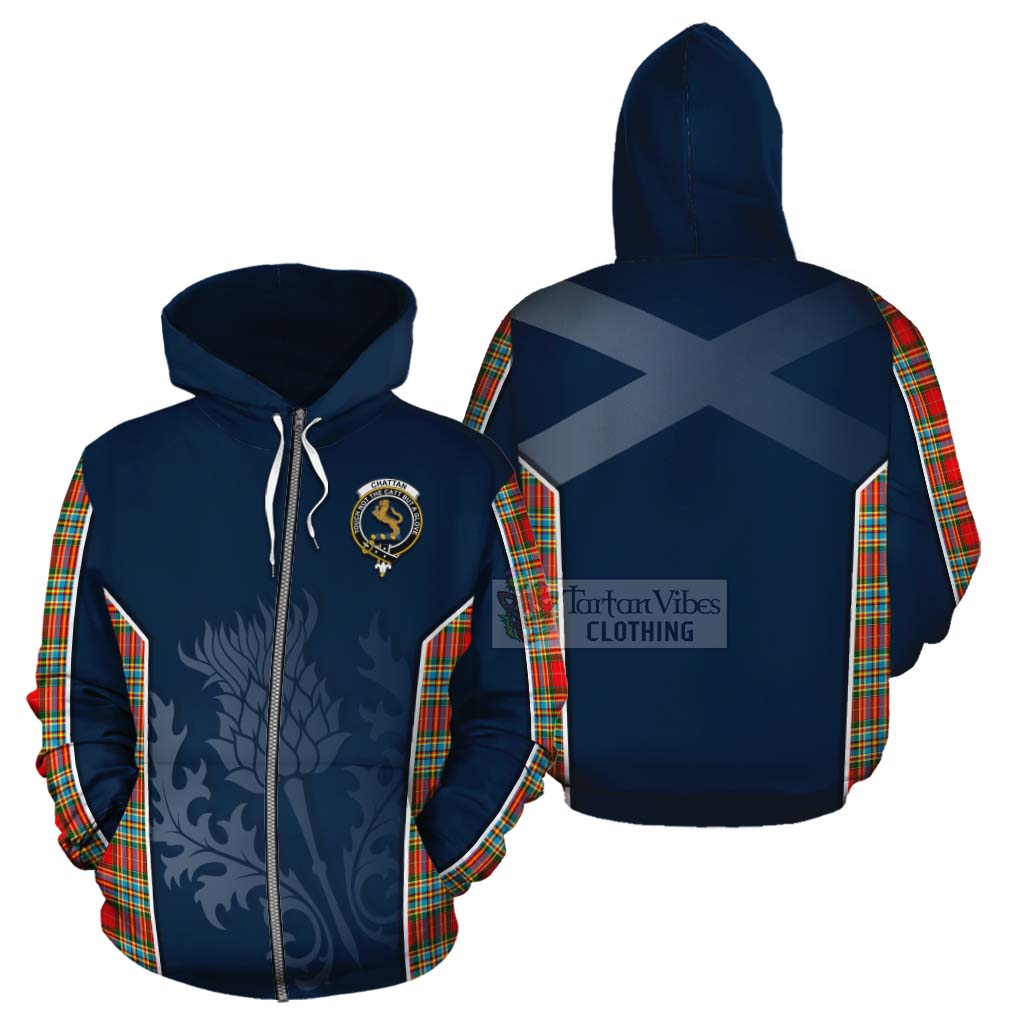 Tartan Vibes Clothing Chattan Tartan Cotton Hoodie with Family Crest and Scottish Thistle Vibes Sport Style