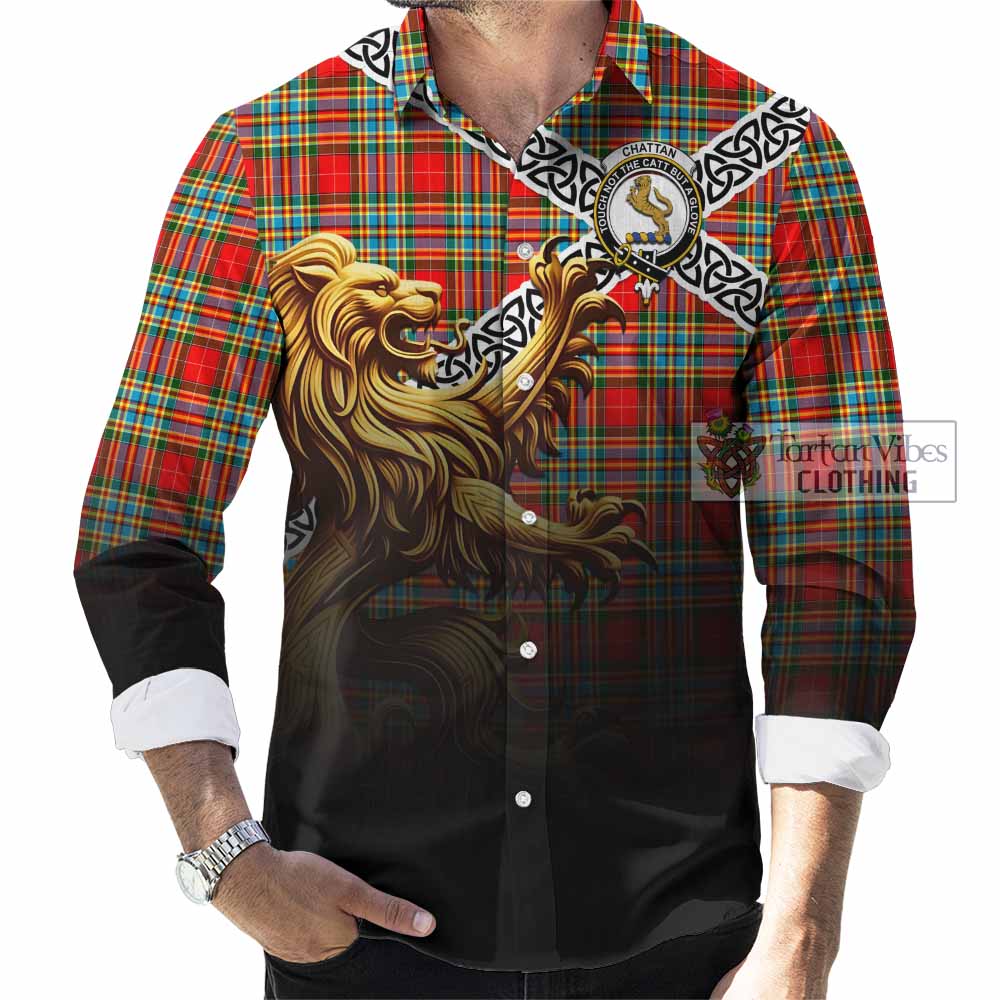 Tartan Vibes Clothing Chattan Crest Tartan Long Sleeve Button Shirt with Golden Lion Emblem Celtic Style