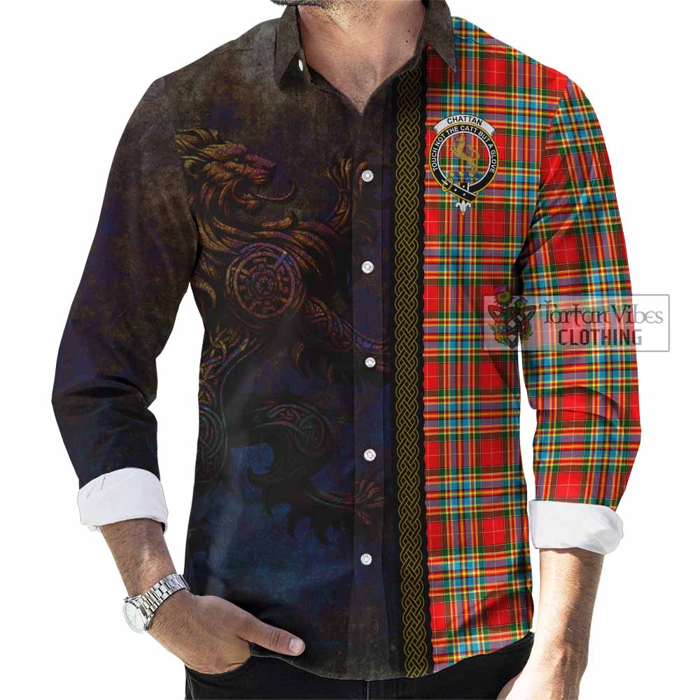 Tartan Vibes Clothing Chattan Tartan Family Crest Long Sleeve Button Shirt Alba Gu Brath Be Brave Lion Ancient Style
