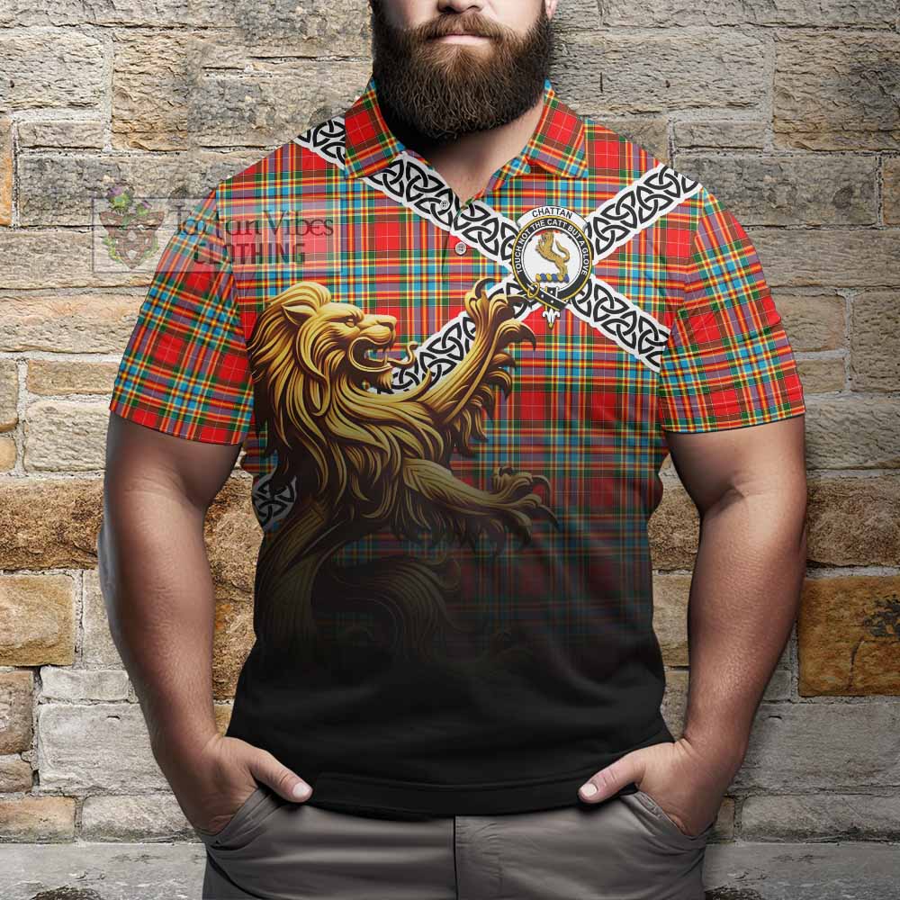 Tartan Vibes Clothing Chattan Crest Tartan Polo Shirt with Golden Lion Emblem Celtic Style