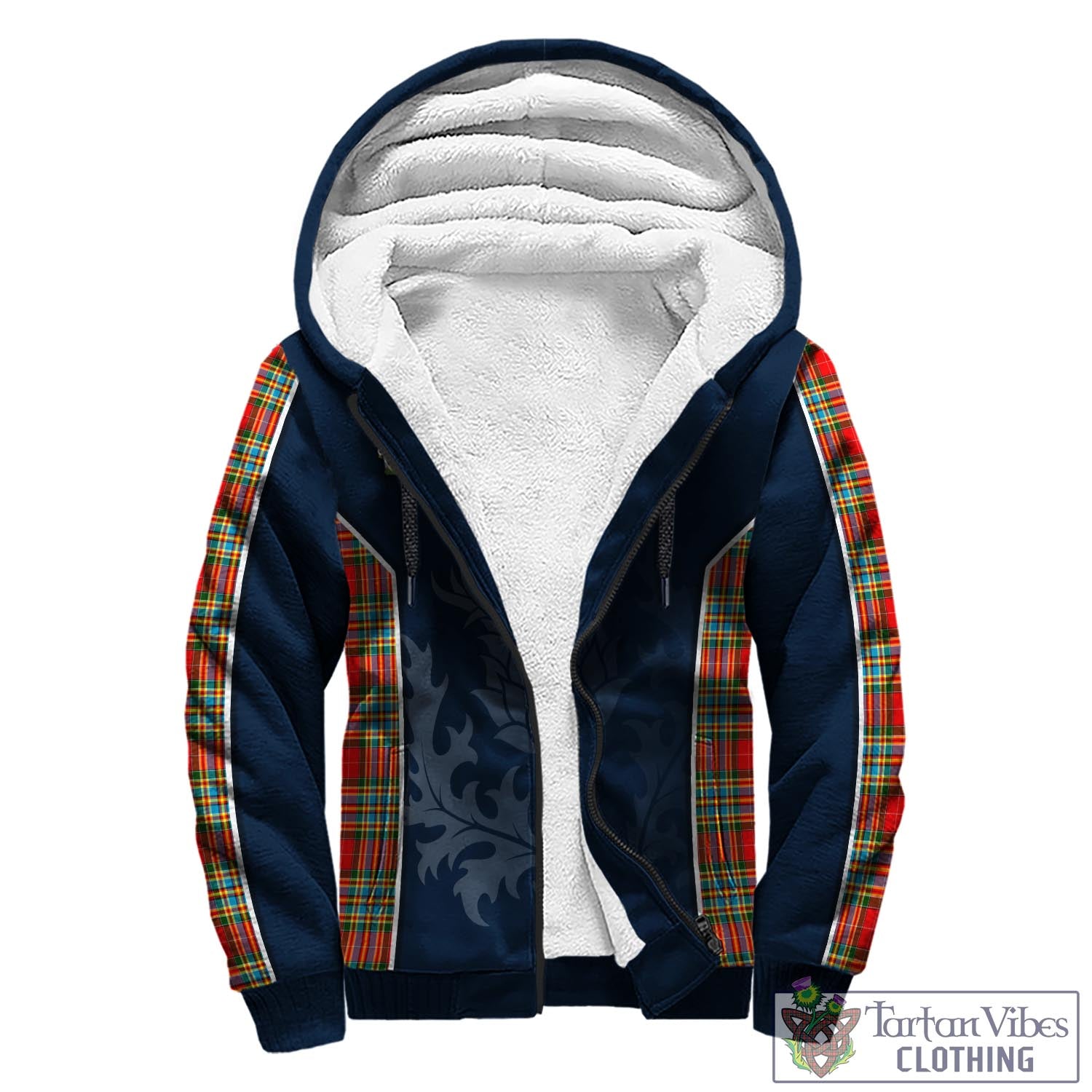 Tartan Vibes Clothing Chattan Tartan Sherpa Hoodie with Family Crest and Scottish Thistle Vibes Sport Style