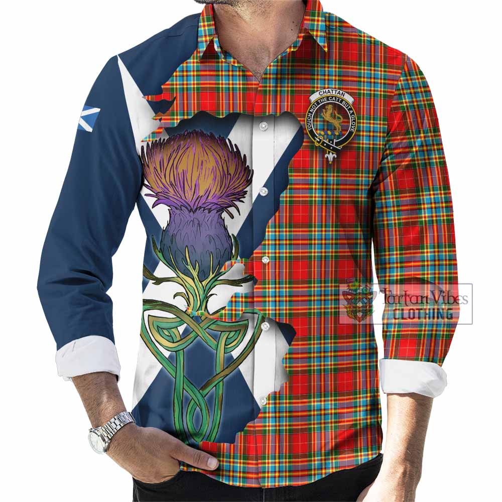 Tartan Vibes Clothing Chattan Tartan Family Crest Long Sleeve Button Shirt Scottish Thistle Celtic Inspired
