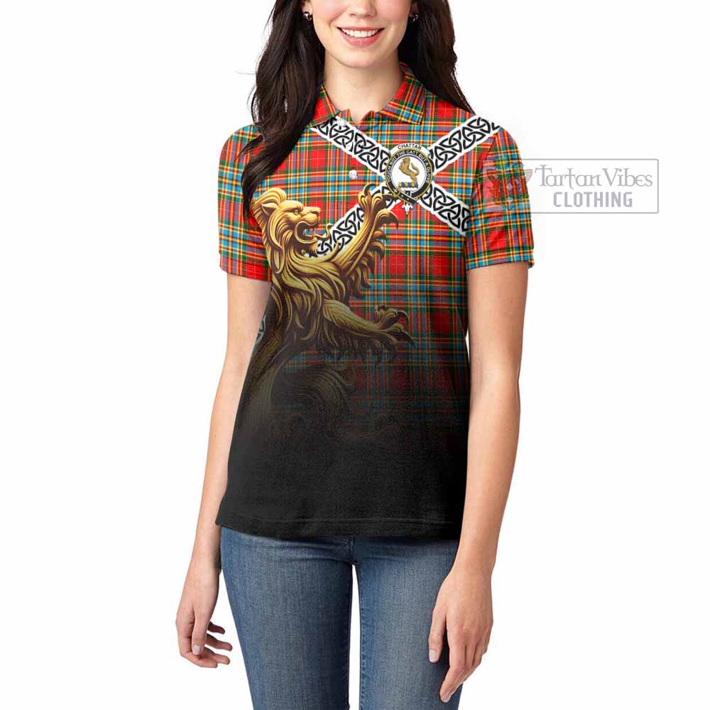 Tartan Vibes Clothing Chattan Crest Tartan Women's Polo Shirt with Golden Lion Emblem Celtic Style