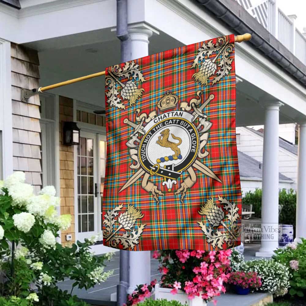 Tartan Vibes Clothing Chattan Tartan Flag with Family Crest and Golden Thistle Crossed Sword Design