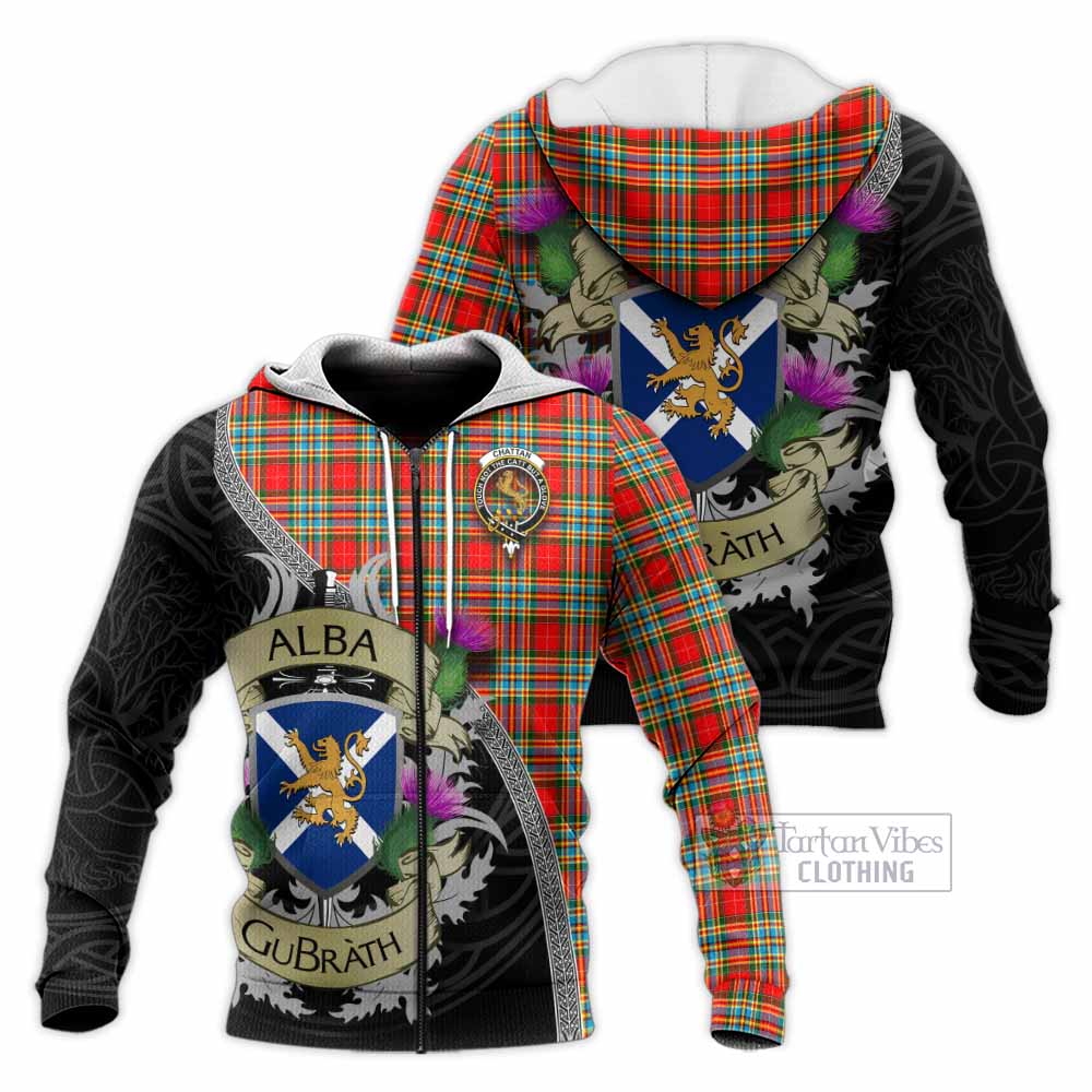 Tartan Vibes Clothing Chattan Tartan Family Crest Knitted Hoodie Lion Rampant Royal Thistle Shield Celtic Inspired