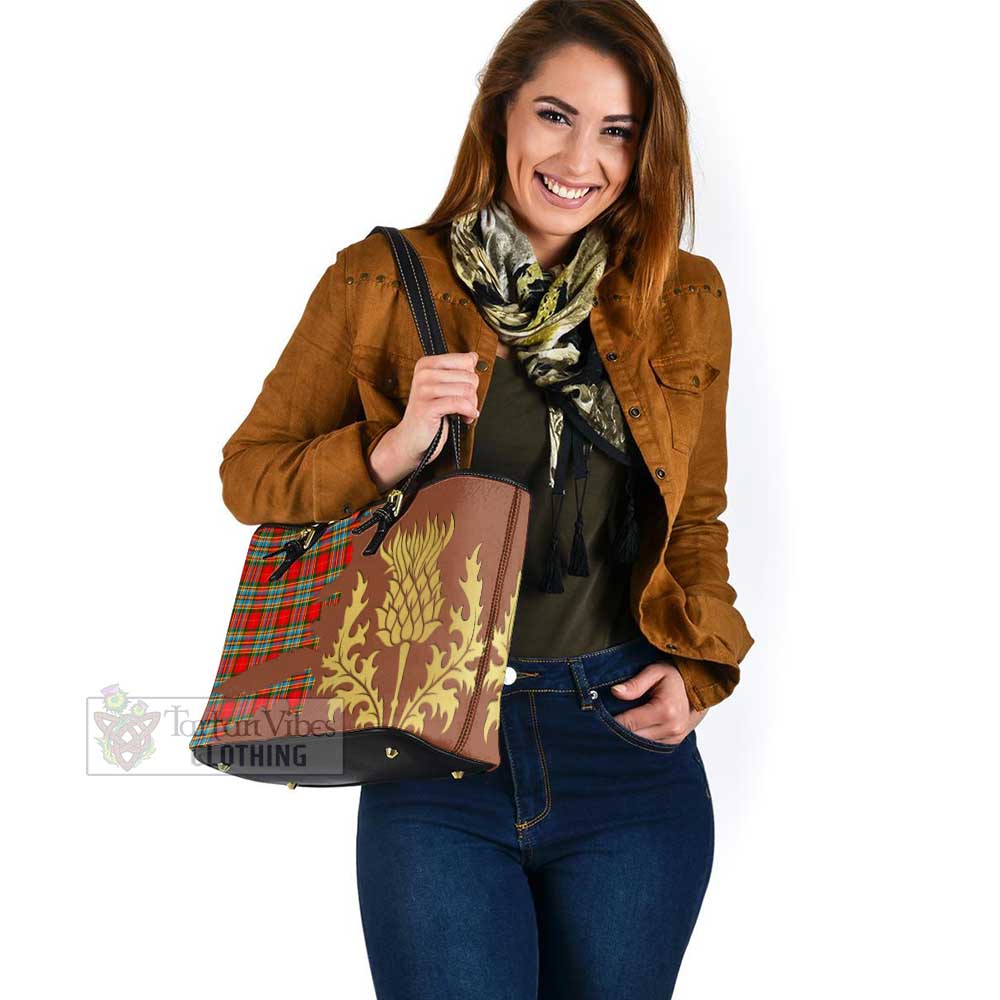Tartan Vibes Clothing Chattan Tartan Leather Tote Bag Gold Thistle Style