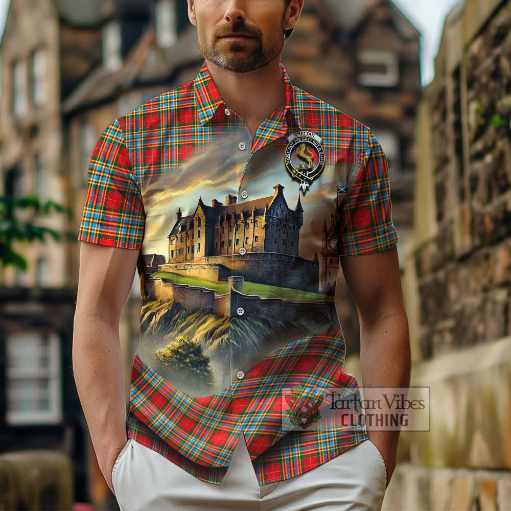 Tartan Vibes Clothing Chattan Tartan Family Crest Short Sleeve Button Shirt with Scottish Ancient Castle Style