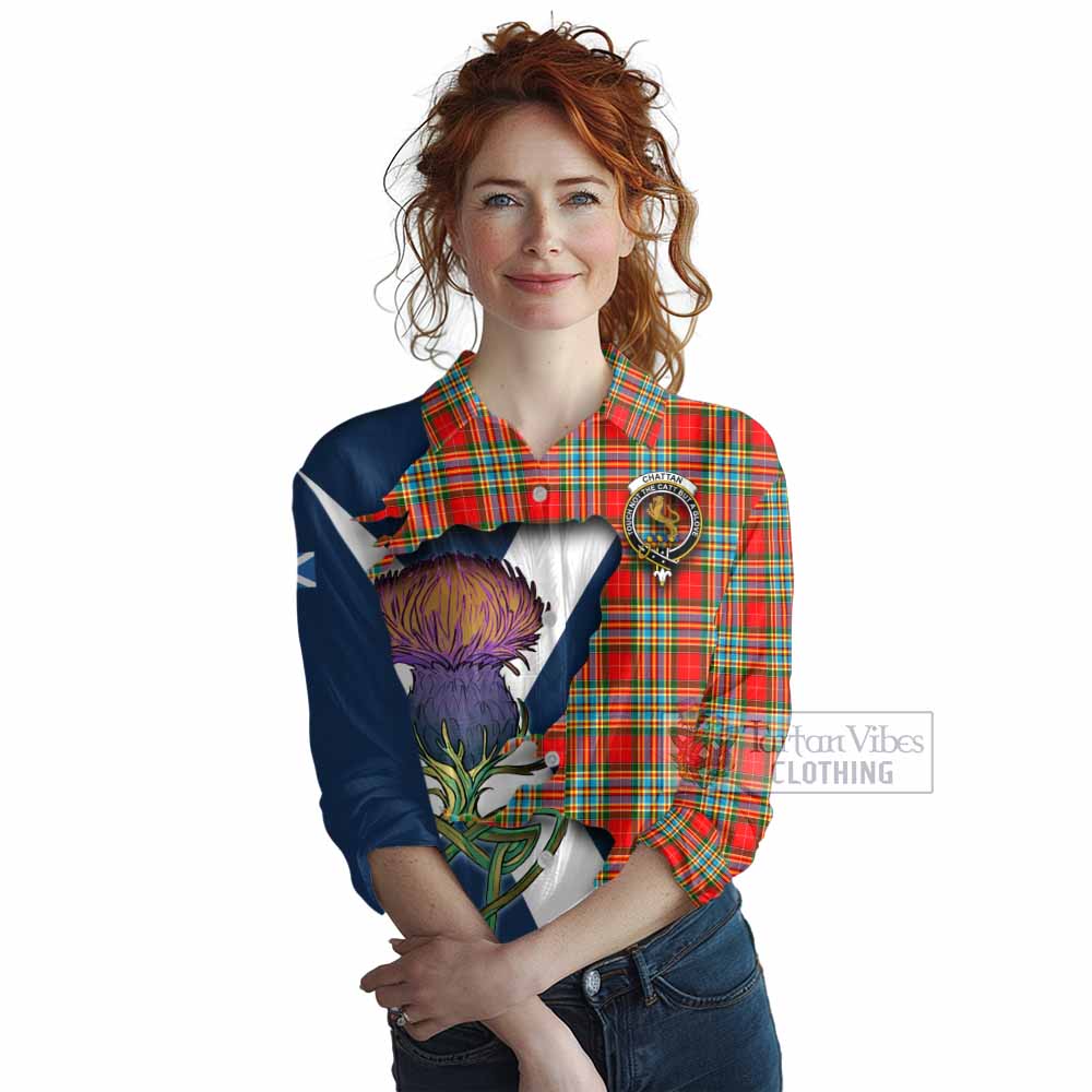 Tartan Vibes Clothing Chattan Tartan Family Crest Women's Casual Shirt Scottish Thistle Celtic Inspired