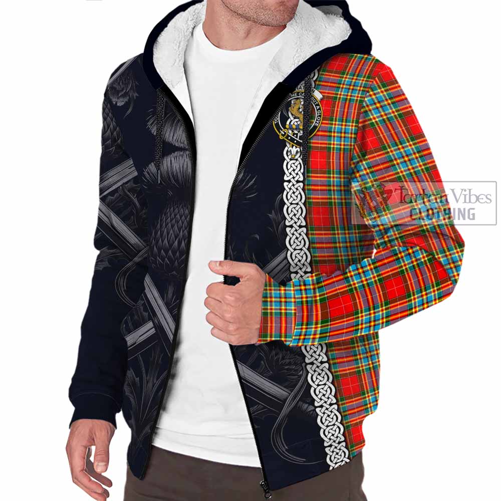 Tartan Vibes Clothing Chattan Tartan Sherpa Hoodie with Family Crest Cross Sword Thistle Celtic Vibes