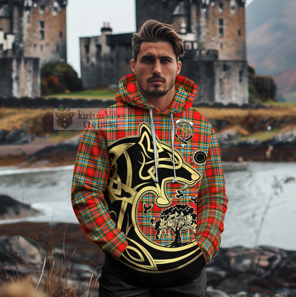 Tartan Vibes Clothing Chattan Tartan Cotton Hoodie with Family Crest Celtic Wolf Style