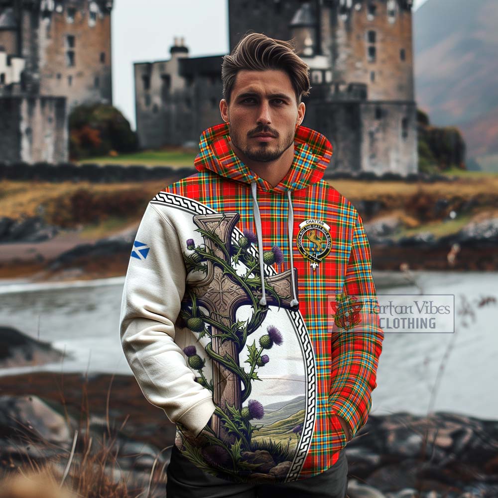 Tartan Vibes Clothing Chattan Tartan Cotton Hoodie with Family Crest and St. Andrew's Cross Accented by Thistle Vines