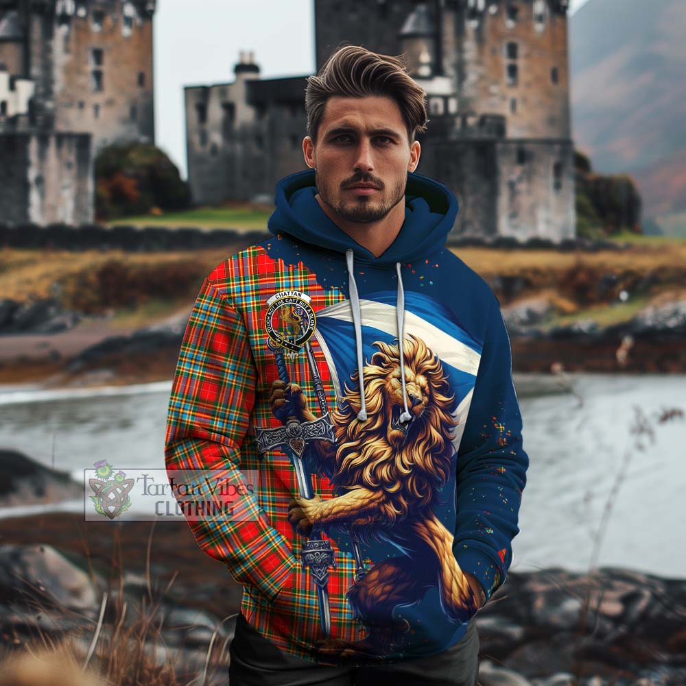Tartan Vibes Clothing Chattan Tartan Family Crest Cotton Hoodie with Scottish Majestic Lion