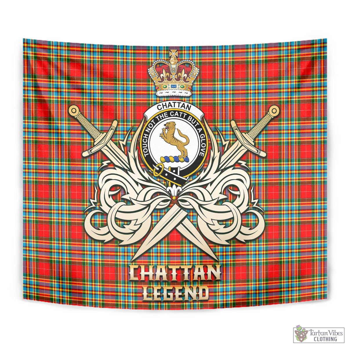 Tartan Vibes Clothing Chattan Tartan Tapestry with Clan Crest and the Golden Sword of Courageous Legacy
