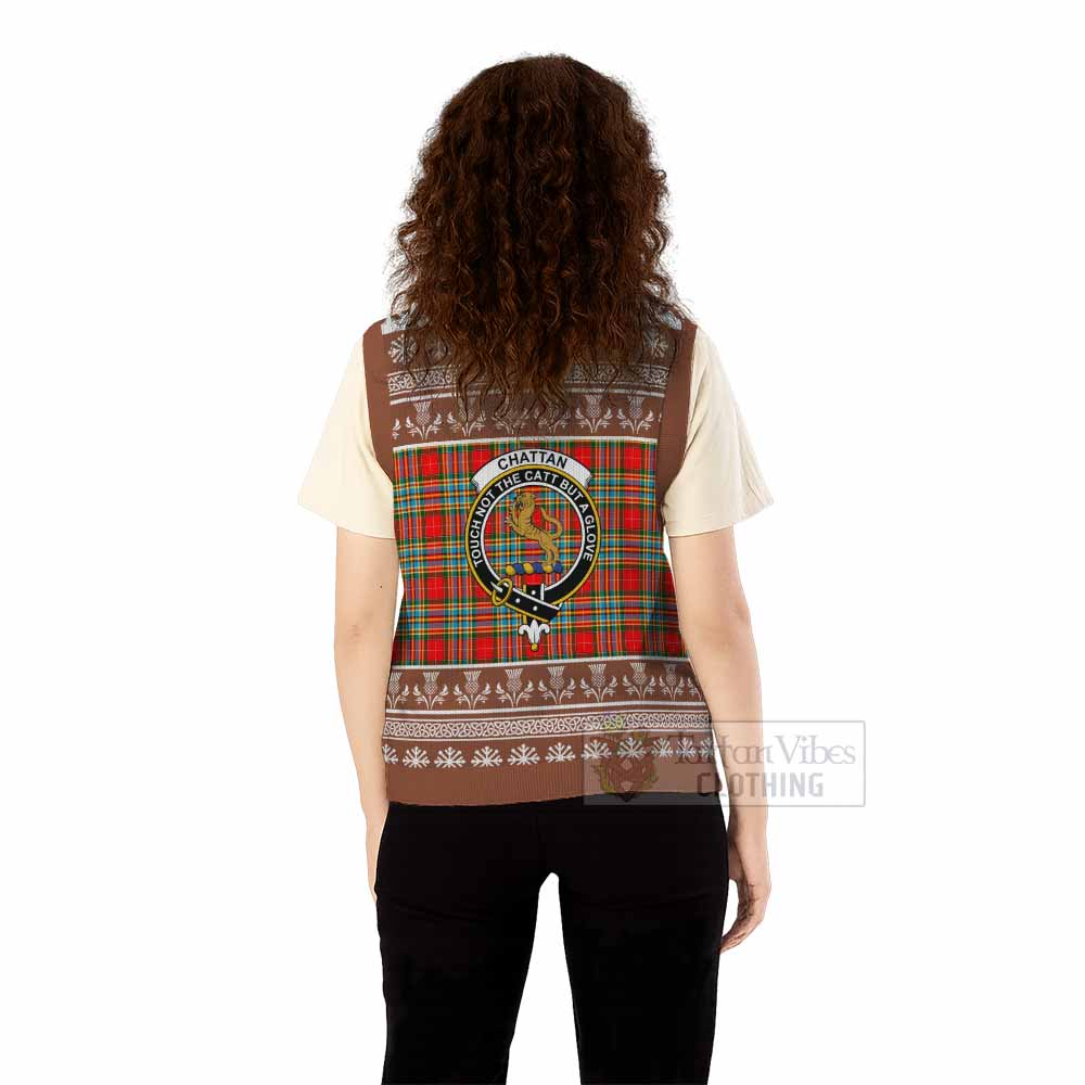 Chattan Clan Tartan Christmas Knitted V-Neck Vest with Family Crest - Tartan Vibes Clothing
