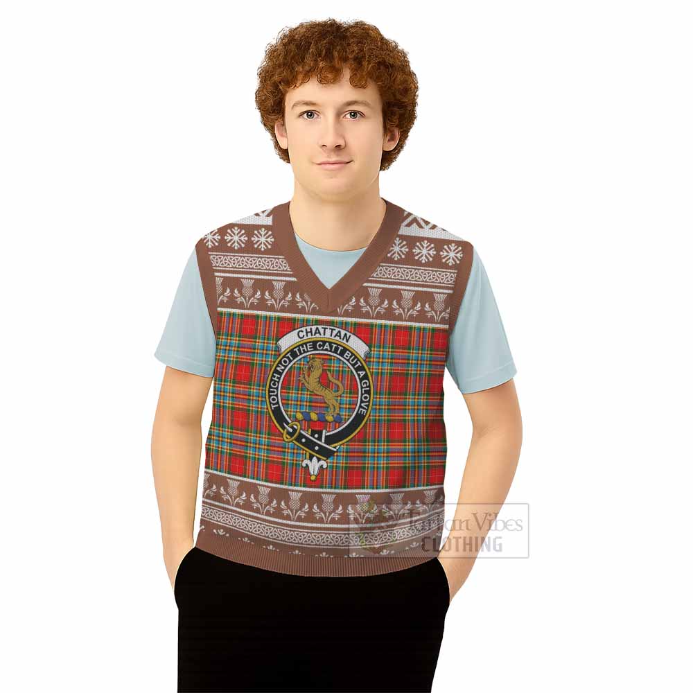 Chattan Clan Tartan Christmas Knitted V-Neck Vest with Family Crest - Tartan Vibes Clothing